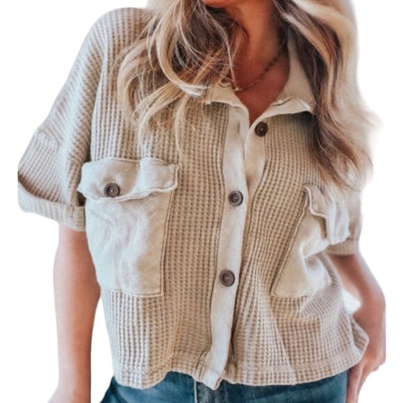 Bucketlist Neutral Cropped Western Coastal Button Front Blouse Crop Shirt Top - Picture 6 of 8